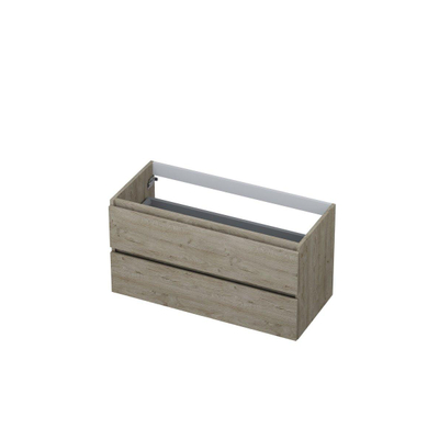INK Wastafelonderkast - 100x45x52cm - 2 lades - greeploos - met houten keerlijst - MFC - Greige eiken
