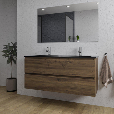Saniclass Chaci Meuble de salle de bain - 120x46x55cm - lavabo en céramique noir - 2 vasques - 2 trous de robinet - 2 tiroirs - miroir rectangulaire - noyer (hout)
