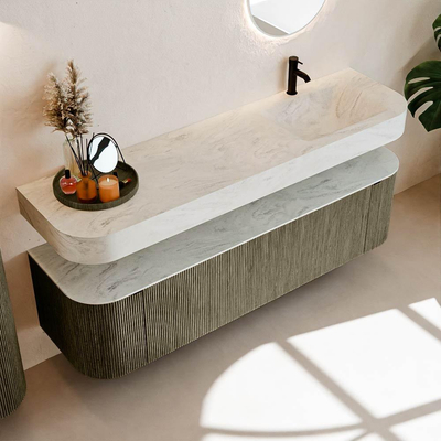 MONDIAZ THOR-DLUX 170cm meuble de salle de bains arrondi gauche + droite couleur Shadow avec 1 tiroir et 2 portes. Vasque suspendue CLOUD Droite 1 trou de robinet couleur Opalo.