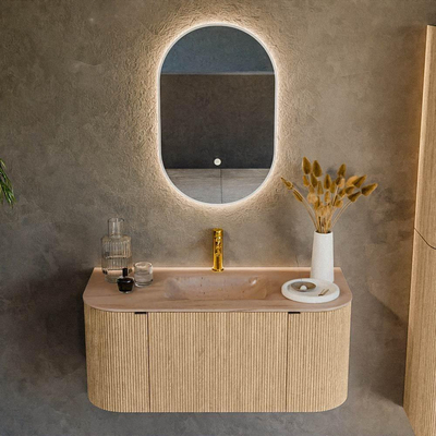 MONDIAZ KURVE-DLUX 100cm badmeubel ronding Links + Rechts kleur Oak met 1 lade en 2 deuren. Wastafel GRUNNE Midden 1 kraangat Saba.