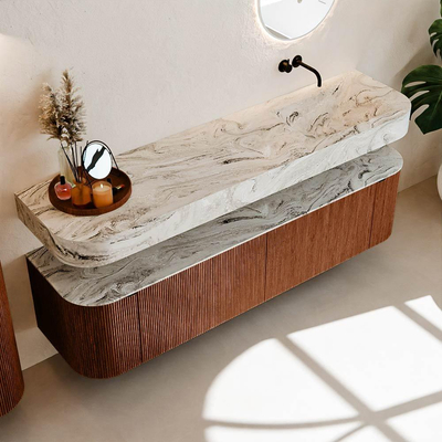 MONDIAZ THOR-DLUX 180cm meuble de salle de bains arrondi gauche + droite couleur Ruby avec 2 tiroirs et 2 portes. Vasque suspendue CLOUD droite sans trou de robinet couleur Glace.