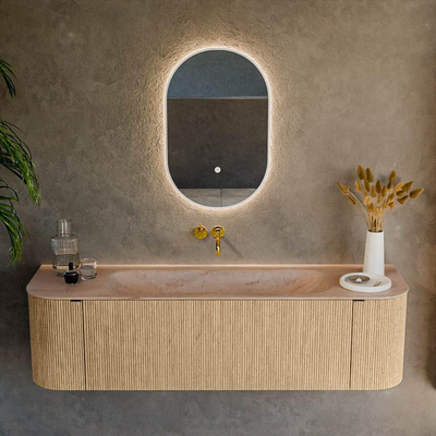 MONDIAZ KURVE-DLUX Meuble de salle de bains 160cm arrondi gauche + droite couleur Oak avec 1 tiroir et 2 portes. Lavabo BIG MEDIUM Milieu sans trou de robinet Saba.