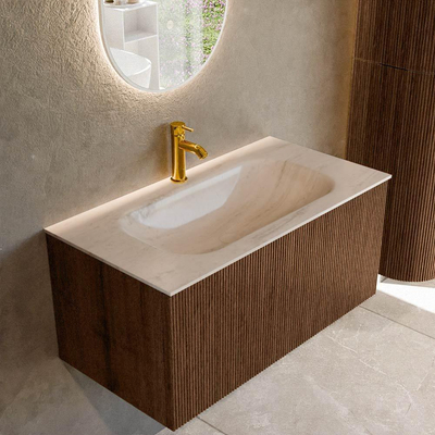 MONDIAZ KURVE-DLUX 90cm badmeubel kleur Walnut met 1 lade en 0 deuren. Wastafel BIG SMALL Midden 1 kraangat Meli.