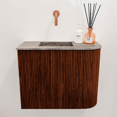 Mondiaz JOYA-DLUX 51.6cm toiletmeubel - ronding rechts kleur Ruby - Wastafel FAYE positie Links Zonder kraangat kleur Oza.