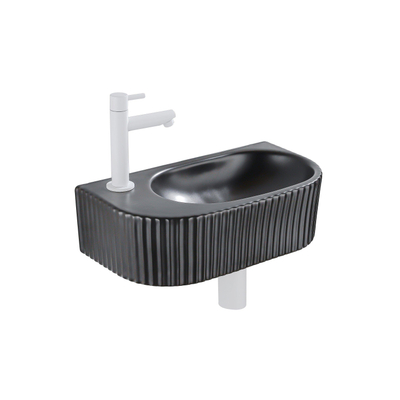 QeramiQ Fuente Ensemble de Lavabo - 40x21.5x12cm - gauche - strié - demi-rond - 1 trou de robinet - céramique - ensemble de robinet blanc mat - bouchon de vidange - siphon abaissé - noir mat