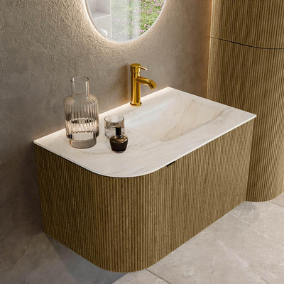 Mondiaz KURVE-DLUX Ensemble de meuble de salle de bains - 75x46x40cm - 1 tiroir - 1 porte - lavabo solid surface - à droite - 1 trou de robinet - Dusk