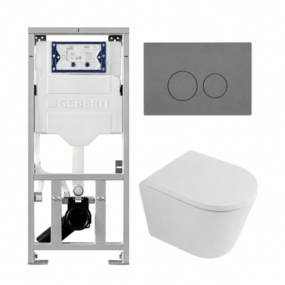 QeramiQ Dely Toiletset - 36.3x51.7cm - diepspoel - rimless - Geberit UP320 inbouwreservoir - softclose toilet zitting - 35mm - bedieningsplaat licht grijs - ronde knoppen - mat wit