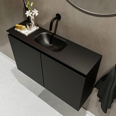 MONDIAZ TURE Fonteinset - 80x23x50cm - 0 kraangaten - 2 deuren - urban mat - Wasbak midden - Solid Surface Zwart