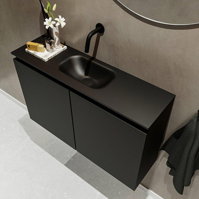 Mondiaz TURE Meuble lave-mains 80x23x50cm sans trous de robinet 2 portes Urban mat Lavabo Eden Centre Solid Surface Noir