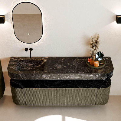 MONDIAZ THOR-DLUX 170cm meuble de salle de bains arrondi gauche + droite couleur Shadow avec 1 tiroir et 2 portes. Vasque suspendue CLOUD gauche sans trou de robinet couleur Lava.