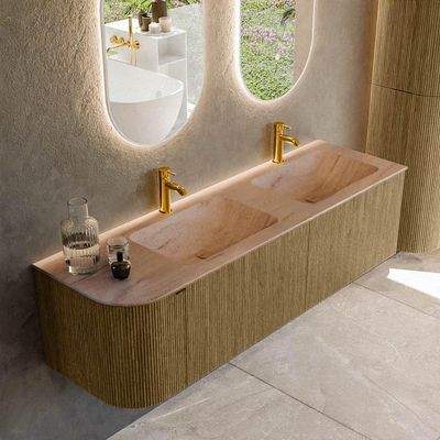 MONDIAZ KURVE-DLUX Meuble de salle de bains 155 cm arrondi à gauche couleur Dusk avec 2 tiroirs et 1 porte. Lavabo LEAF Double / Droite 2 trous de robinet Saba.
