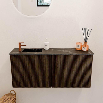 Mondiaz JOYA-DLUX 90cm toiletmeubel - kleur Walnut - Wastafel FAYE positie Links 1 kraangat kleur Lava.
