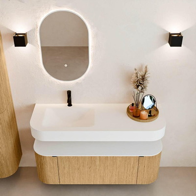 MONDIAZ THOR 130cm badmeubel ronding links + rechts kleur Oak met 1 lade en 2 deuren. Vrijhangende wastafel CLOUD Links 1 kraangat kleur Talc.