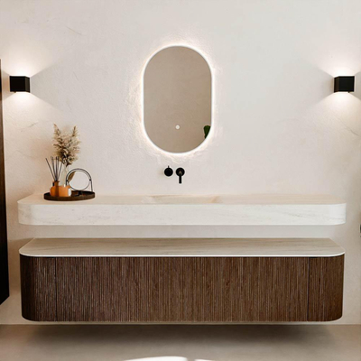 MONDIAZ THOR-DLUX 200cm meuble de salle de bains arrondi gauche + droite couleur Walnut avec 2 tiroirs et 2 portes. Vasque suspendue CLOUD Milieu sans trou de robinet couleur Meli.