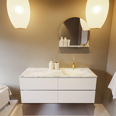 Mondiaz VICA-DLUX ensemble de meuble de salle de bain - 130cm - meuble sous-vasque talc - 4 tiroirs - lavabo encastré cloud droite - 1 trou de robinet - version haute de 60cm - glace