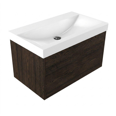 Saniclass Holz Frame Ensemble meuble de salle de bains - 80x45x47.5cm - lavabo Wave en céramique - 1 vasque - sans trou de robinet - 1 tiroir - chêne charcoal mat (bois)