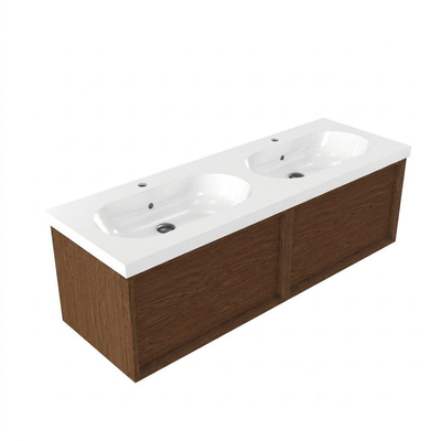 Saniclass Holz Frame Badkamermeubelset - 140x45x43.5cm - Palermo keramische wastafel wit - 2 wasbakken - 2 kraangaten - 2 lades - mat walnut pure (hout)