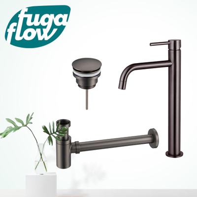FugaFlow Eccelente Sobrado Badkamer Slim Wastafelkraanset - verhoogde wastafelkraan - klikwaste plug - verlaagde design sifon - PVD Gepolijst Gunmetal