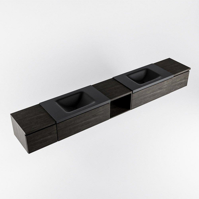 MONDIAZ BUKLA 280cm badmeubel met open module 40 midden kleur Dark Brown met 4 lades. Wastafel CLOUD dubbel 2 kraangaten kleur Urban.