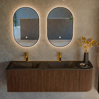 MONDIAZ KURVE 145cm badmeubel met module 25 R kleur Walnut met 1 lade en 1 deur. Wastafel CLOUD dubbel / links 2 kraangaten Urban.