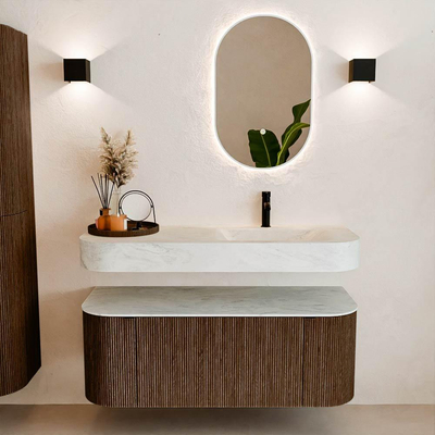 MONDIAZ THOR-DLUX 120cm badmeubel ronding links + rechts kleur Walnut met 1 lade en 2 deuren. Vrijhangende wastafel CLOUD Rechts 1 kraangat kleur Opalo.