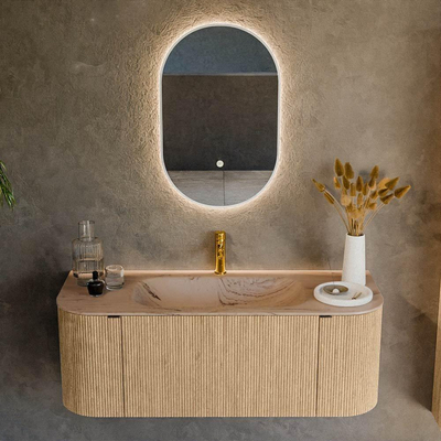 MONDIAZ KURVE-DLUX Meuble de salle de bains 120 cm arrondi Gauche + Droite couleur Chêne avec 1 tiroir et 2 portes. Vasque BIG SMALL Milieu 1 trou de robinet Arena.