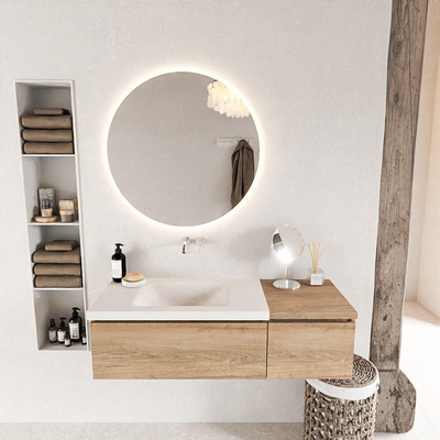 MONDIAZ BUKLA 120cm meuble de salle de bain avec module 40 couleur Chêne blanchi avec 2 tiroirs. Lavabo CLOUD à gauche 0 trous de robinet couleur Talc.
