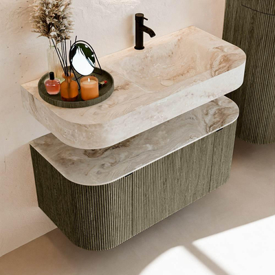 MONDIAZ THOR-DLUX 100cm meuble de salle de bains arrondi gauche + droite couleur Shadow avec 1 tiroir et 2 portes. Vasque suspendue CLOUD Droite 1 trou de robinet couleur Frappe.