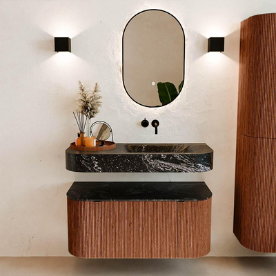 MONDIAZ THOR-DLUX 100cm meuble de salle de bains arrondi gauche + droite couleur Ruby avec 1 tiroir et 2 portes. Vasque suspendue CLOUD Droite sans trou de robinet couleur Lava.