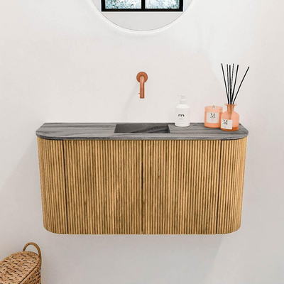 Mondiaz JOYA-DLUX Meuble de salle de bains - 83,2 cm - arrondis gauche et droite couleur Chêne - Vasque FAYE position Milieu Sans trou de robinet couleur Sombra