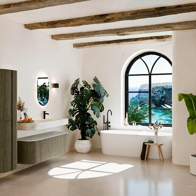 MONDIAZ THOR-DLUX 140cm meuble de salle de bains arrondi gauche + droite couleur Shadow avec 1 tiroir et 2 portes. Vasque suspendue CLOUD Droite 1 trou de robinet couleur Opalo.