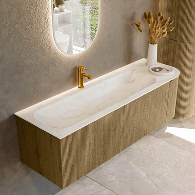 Mondiaz KURVE-DLUX Badkamermeubelset - 145x46x40cm - 1 lade - 1 deur - wastafel solid surface - links - 1 kraangat - Dusk