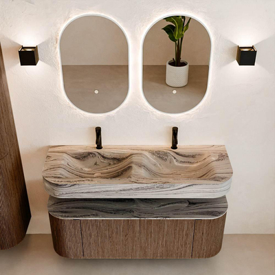 MONDIAZ THOR-DLUX 130cm badmeubel ronding links + rechts kleur Walnut met 1 lade en 2 deuren. Vrijhangende wastafel CLOUD Dubbel 2 kraangaten kleur Sombra.