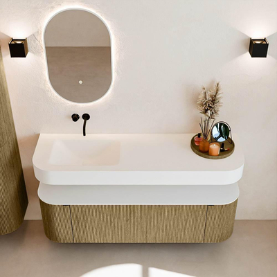 MONDIAZ THOR 150cm meuble de salle de bains arrondi gauche + droite couleur Dusk avec 1 tiroir et 2 portes. Vasque suspendue CLOUD Gauche sans trou de robinet couleur Talc.