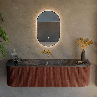 Mondiaz KURVE-DLUX Ensemble de meuble salle de bain - 160x46x40cm - 1 tiroir - 2 portes - lavabo en solid surface - milieu - sans trou de robinet - Ruby