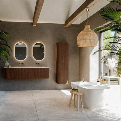 MONDIAZ KURVE-DLUX 165cm meuble de salle de bains arrondi à gauche couleur Walnut avec 2 tiroirs et 1 porte. Lavabo STOR SMALL Double / à droite sans trou de robinet Nata.