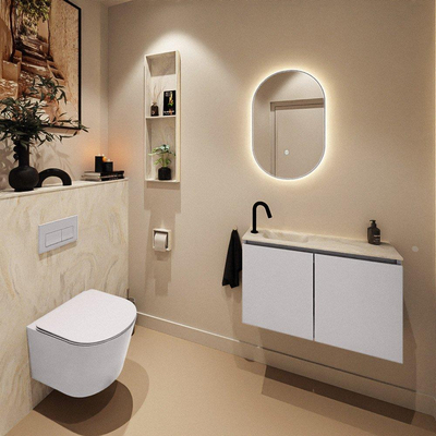 MONDIAZ TURE-DLUX Meuble toilette - 80cm - Cale - EDEN - vasque Ostra - position gauche - 1 trou de robinet