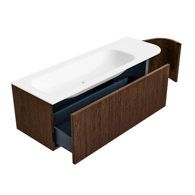 MONDIAZ KURVE Meuble de salle de bains 135 cm avec module 25 R couleur Walnut avec 1 tiroir et 1 porte. Lavabo BIG MEDIUM gauche 1 trou de robinet Talc.