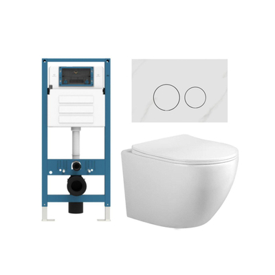 Adema Salina 2.0 Ensemble WC - 48.5x36x32cm - cuvette profonde - sans rebord de rinçage - réservoir encastré QeramiQ - softclose - déclipsable - abattant de WC - plaque de commande en pierre naturelle marbre blanc - boutons ronds - blanc