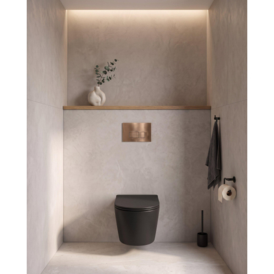 QeramiQ Dely Pack WC - 36,3x51,7cm - à fond creux - sans bride - réservoir encastré Geberit UP320 - abattant WC softclose 35 mm - plaque de commande en cuivre - boutons rectangulaires - noir mat