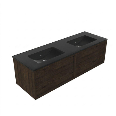 Saniclass Holz Frame Ensemble de meubles de salle de bains - 140x45x42cm - Vasque Vygo en céramique noire - 2 vasques - sans trous de robinetterie - 2 tiroirs - chêne charcoal mat (bois)