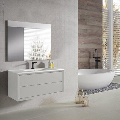Adema Prime Core Ensemble de meuble - 100x50x45cm - 1 vasque rectangulaire en céramique Blanc - 1 trous de robinet - 2 tiroirs - avec miroir rectangulaire - Coton mat (beige)