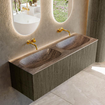 MONDIAZ KURVE-DLUX Meuble de salle de bains 140 cm couleur Shadow avec 2 tiroirs et 0 porte. Plan-vasque STOR SMALL Double sans trou de robinet Oza.