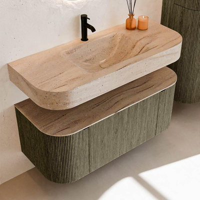 MONDIAZ THOR-DLUX 110cm meuble de salle de bains arrondi gauche + droite couleur Shadow avec 1 tiroir et 2 portes. Vasque suspendue CLOUD Milieu 1 trou de robinet couleur Saba.