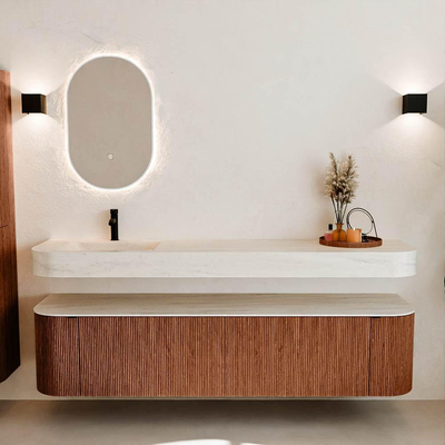 MONDIAZ THOR-DLUX Meuble de salle de bains - 190cm - arrondi gauche + droite - couleur Ruby - 2 tiroirs et 2 portes - Vasque suspendue CLOUD Gauche 1 trou de robinet - couleur Meli