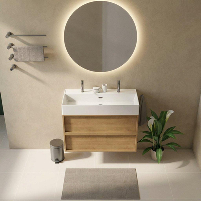 Saniclass Holz Frame Ensemble meuble de salle de bains - 100x45x72cm - Legend lavabo en céramique blanc - 1 vasque - 2 trous de robinet - 2 tiroirs - chêne natural mat (bois)