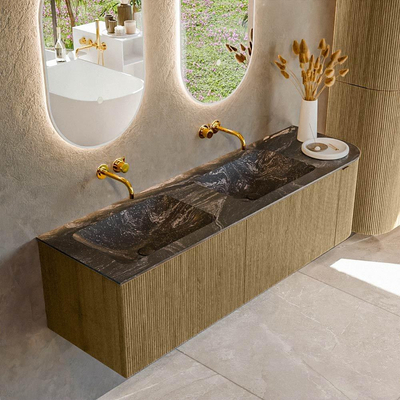 Mondiaz KURVE-DLUX Ensemble de meuble de salle de bains - 155x46x40cm - 2 tiroir - 1 porte - lavabo solid surface - double / gauche - sans trou de robinet - Dusk
