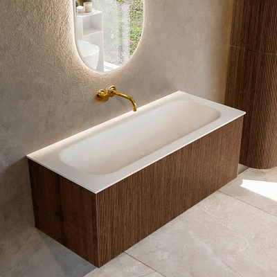 MONDIAZ KURVE Meuble de salle de bains 110 cm couleur Walnut avec 1 tiroir. Lavabo BIG MEDIUM centré sans trou de robinet Talc.