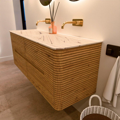 Mondiaz CIRO-DLUX Badkamermeubelset - 130x45x50cm - Solid surface wastafel Nata - 2 wasbak Dubbel - zonder kraangaten - 4 lades - Oak