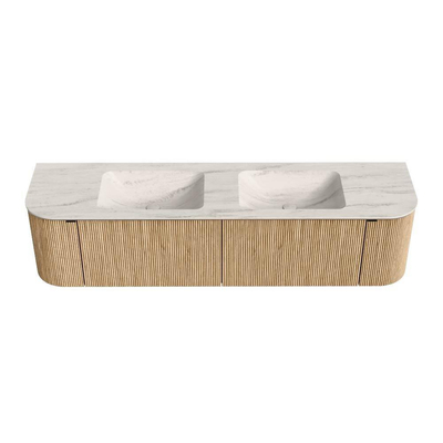 MONDIAZ KURVE-DLUX Meuble de salle de bains 180cm arrondi gauche + droite couleur chêne avec 2 tiroirs et 2 portes. Lavabo LEAF Double 2 trous de robinet Meli.